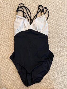 Two-Tone Black and Ivory Strappy One-Piece Swimsuit
